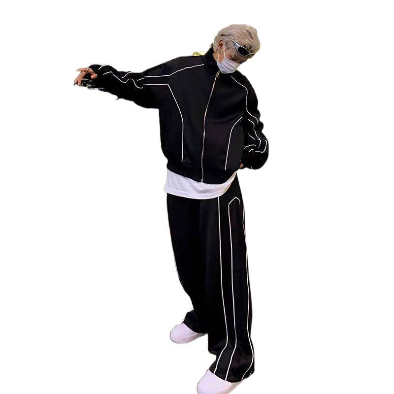 Unisex Oversize-Trainingsanzug-Set mit Kontrastpaspel, Reißverschlussjacke und weiter Bundhose Echoarchiv