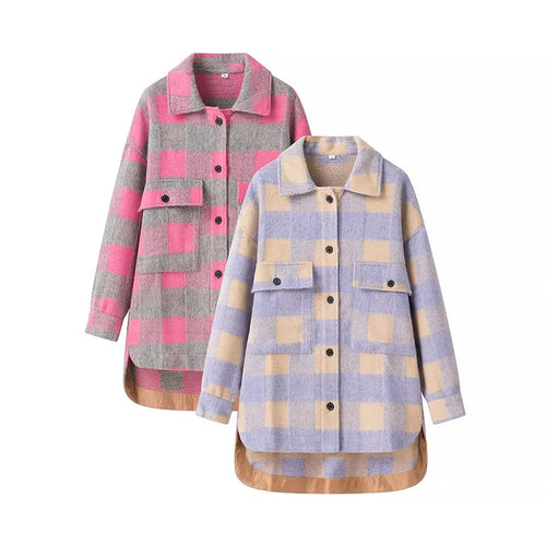 Damen oversized Karobluse aus Teddyfleece mit aufgesetzten Klappentaschen und abgerundetem Saum – Célinea