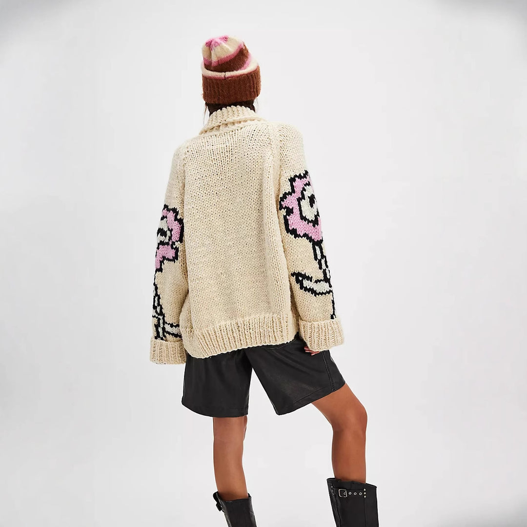 Damen Oversized Grobstrick-Cardigan mit Schalkragen, Blumenintarsien & Knopfleiste Echoarchiv