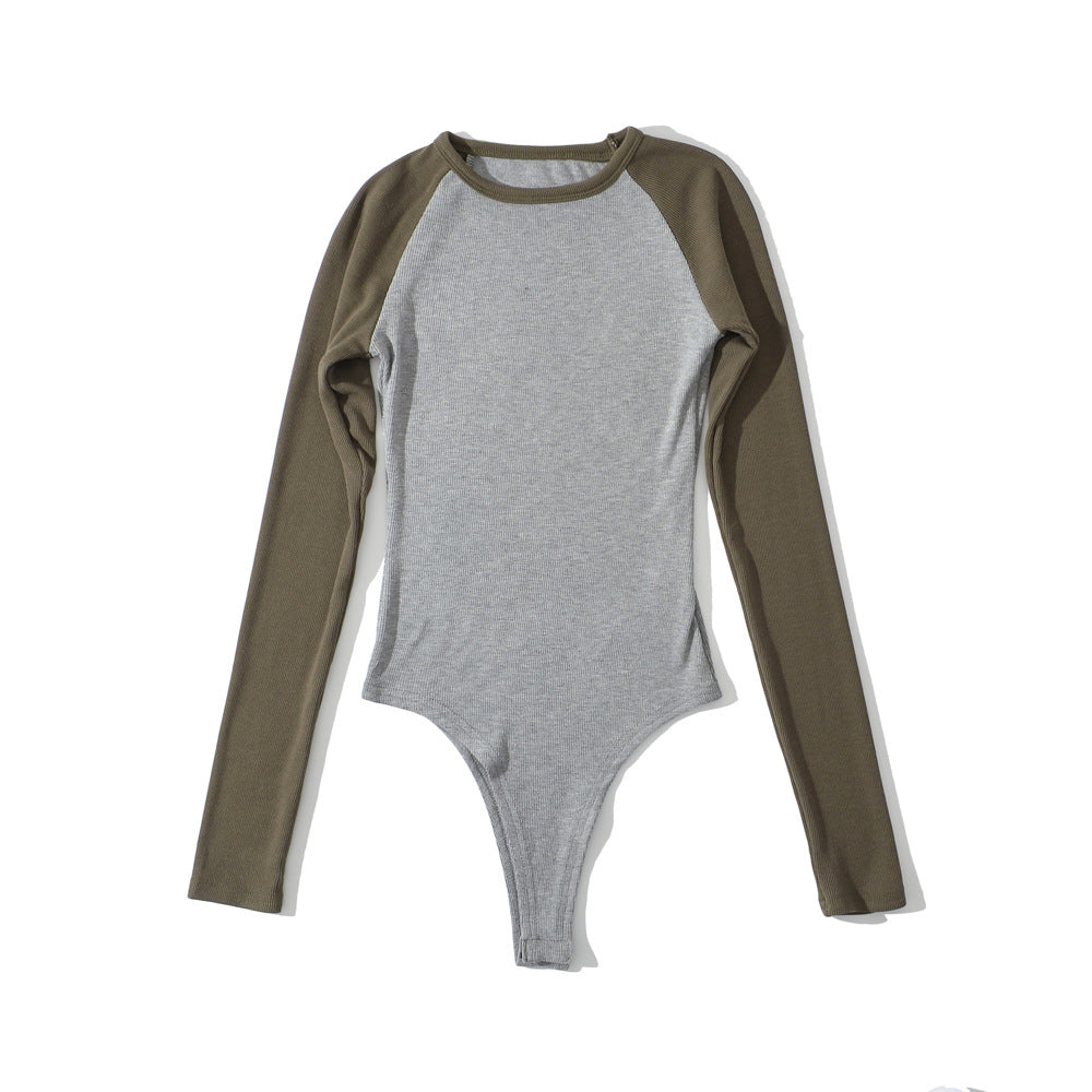 Damen Raglan-Bodysuit mit langen Ärmeln, Rippstruktur und Druckknopfverschluss Echoarchiv