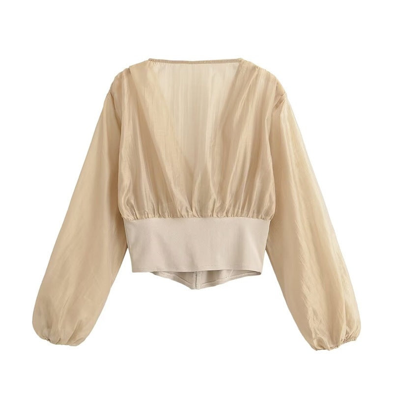 Damen Cropped Chiffon-Bluse mit tiefem V-Ausschnitt und tailliertem Korsettbund Echo Archiv