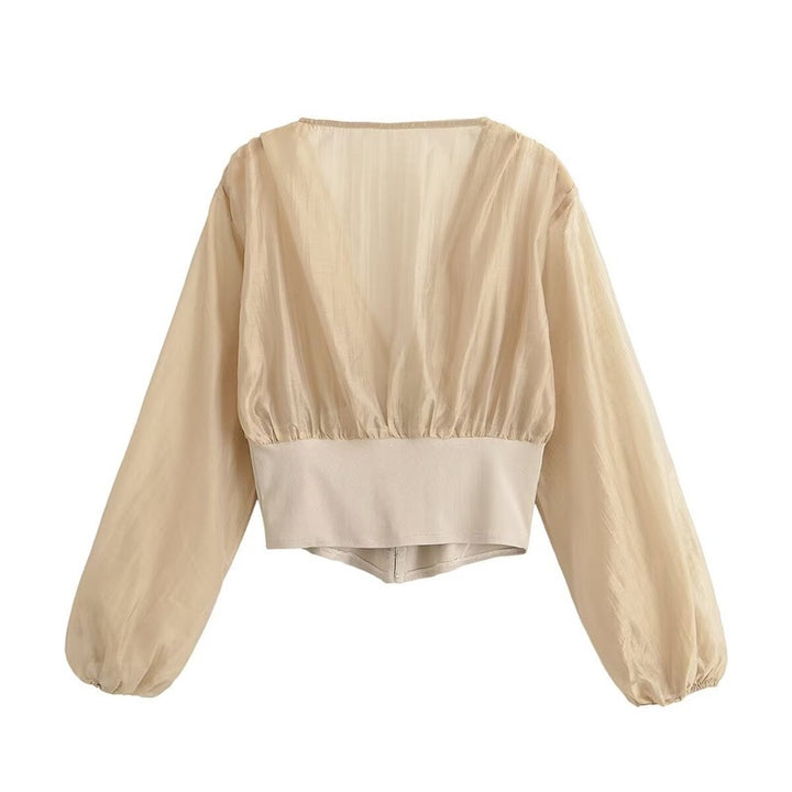 Damen Cropped Chiffon-Bluse mit tiefem V-Ausschnitt und tailliertem Korsettbund Echo Archiv