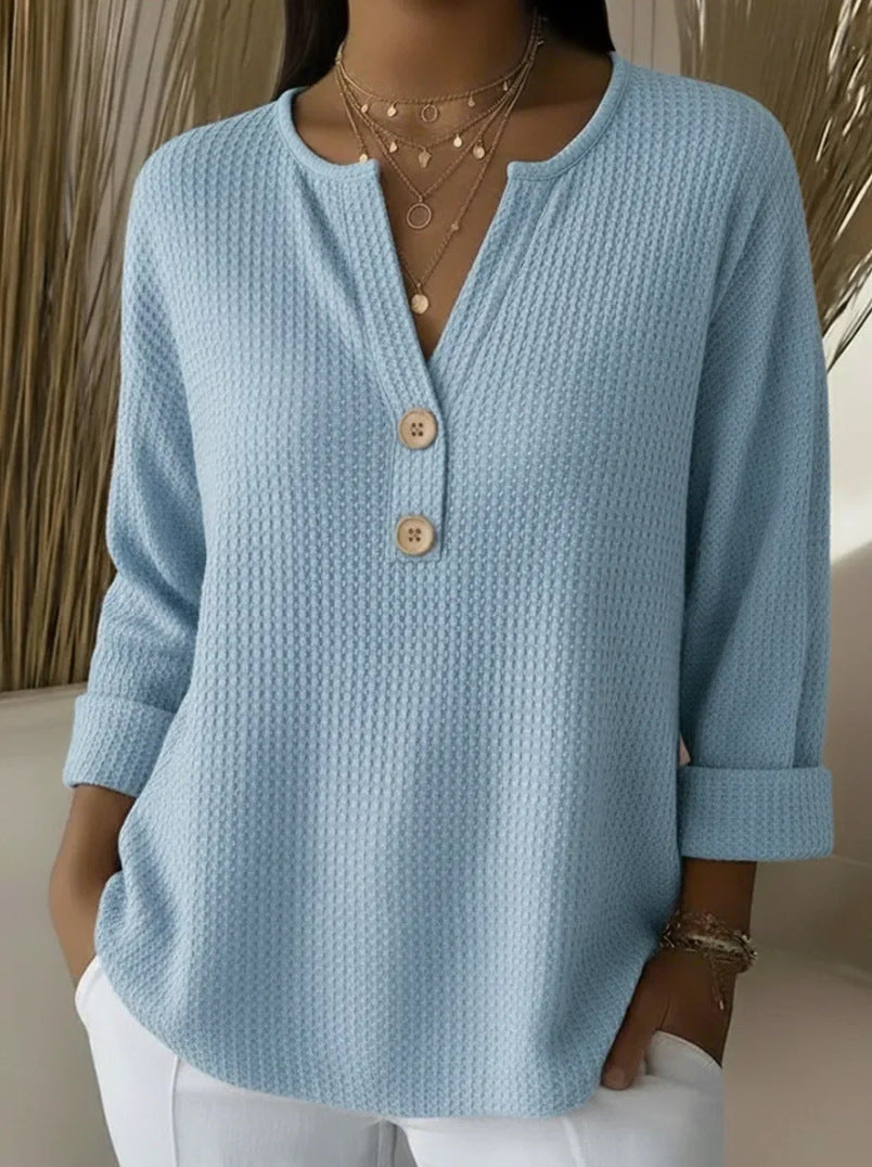 Damen Waffelstruktur Henley-Shirt mit V-Ausschnitt kurze Knopfleiste und krempelbaren 3/4-Ärmeln – Avérine