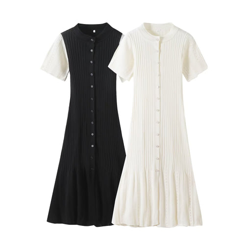 Damen knielanges Strickkleid mit eingeprägtem Muster und Knopfleiste Echo Archiv