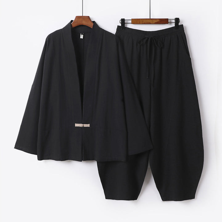 Herren Kimono-Loungewear-Set mit kurzem Schalkragen und weiten Harem-Bundhosen Echoarchiv