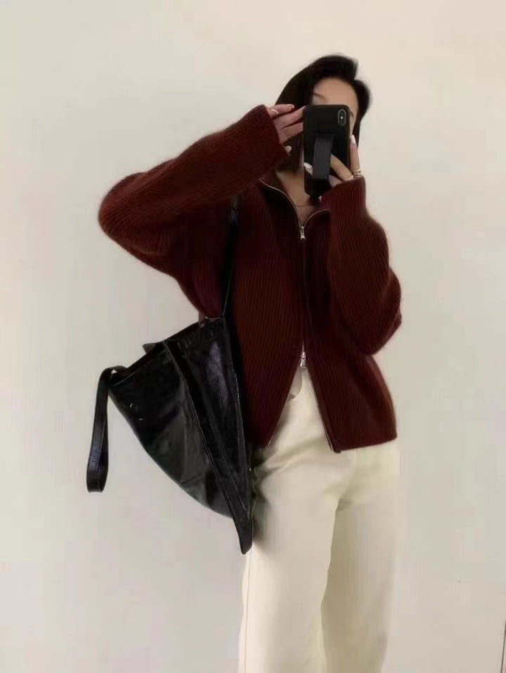 Damen Oversize-Strickjacke mit Reißverschluss, Stehkragen und gerippter Struktur Echoarchiv