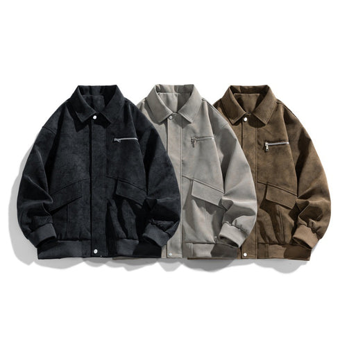Herren Oversize Bomberjacke im Veloursleder‑Look mit Brustreißverschluss & Pattentaschen Echoarchiv