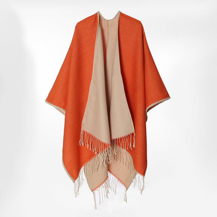 Damen Zweilagiger Oversize-Cape mit Fransen und offenem Wasserfall-Schnitt – Avérine