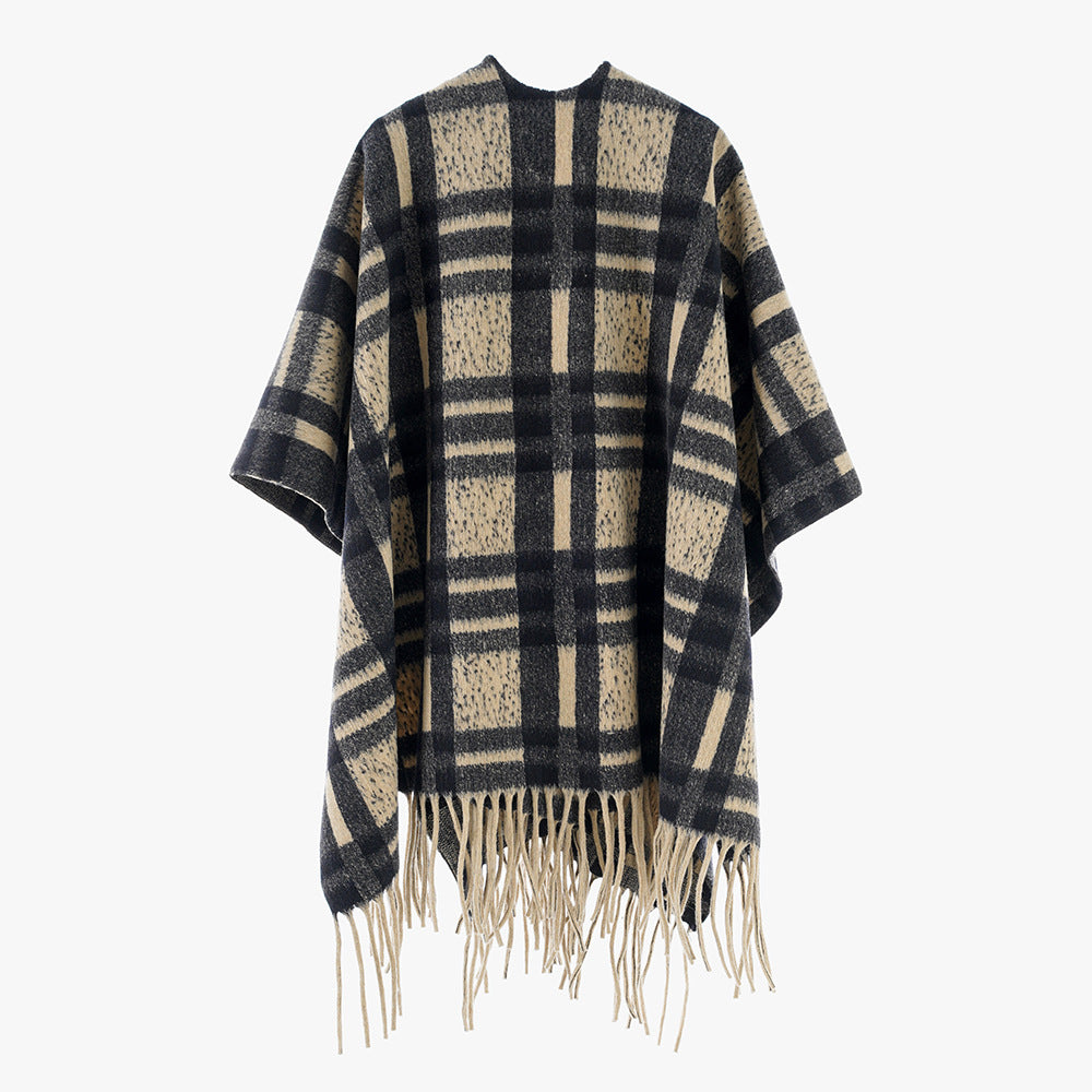 Damen Kariertes Wollmix-Poncho‑Cape mit Fransensaum und offenem Oversize‑Fall Echo Archiv