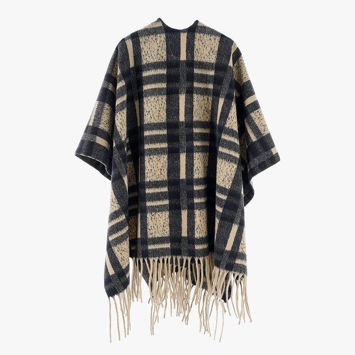 Damen Kariertes Wollmix-Poncho‑Cape mit Fransensaum und offenem Oversize‑Fall Echo Archiv