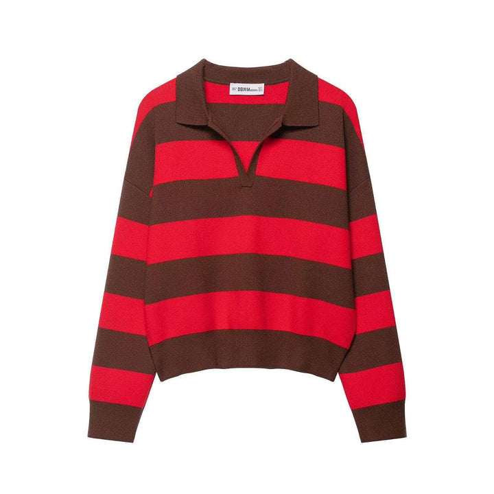 Damen nan gestreifter Rugby-Pullover mit Polokragen, V‑Ausschnitt und verlängerten Rippbündchen Echo Archiv