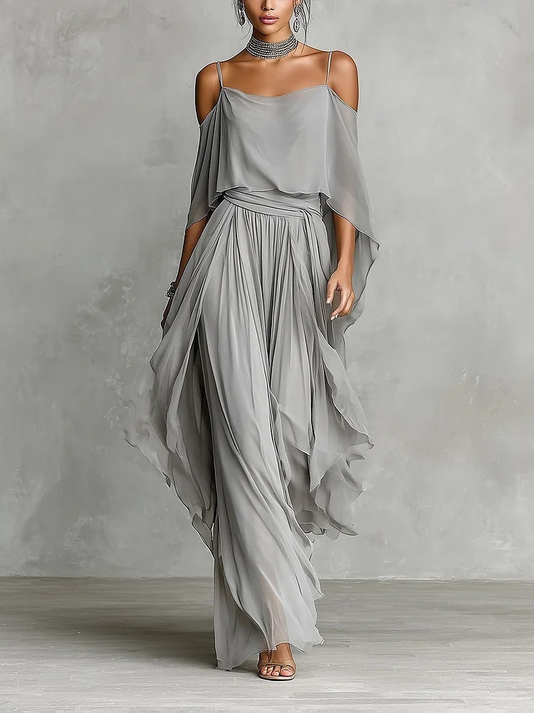 Damen Lange Chiffon Maxi Kleid mit Kaltem Schulter, Spaghetti-Träger und Geschichtetem Cape – Valéora