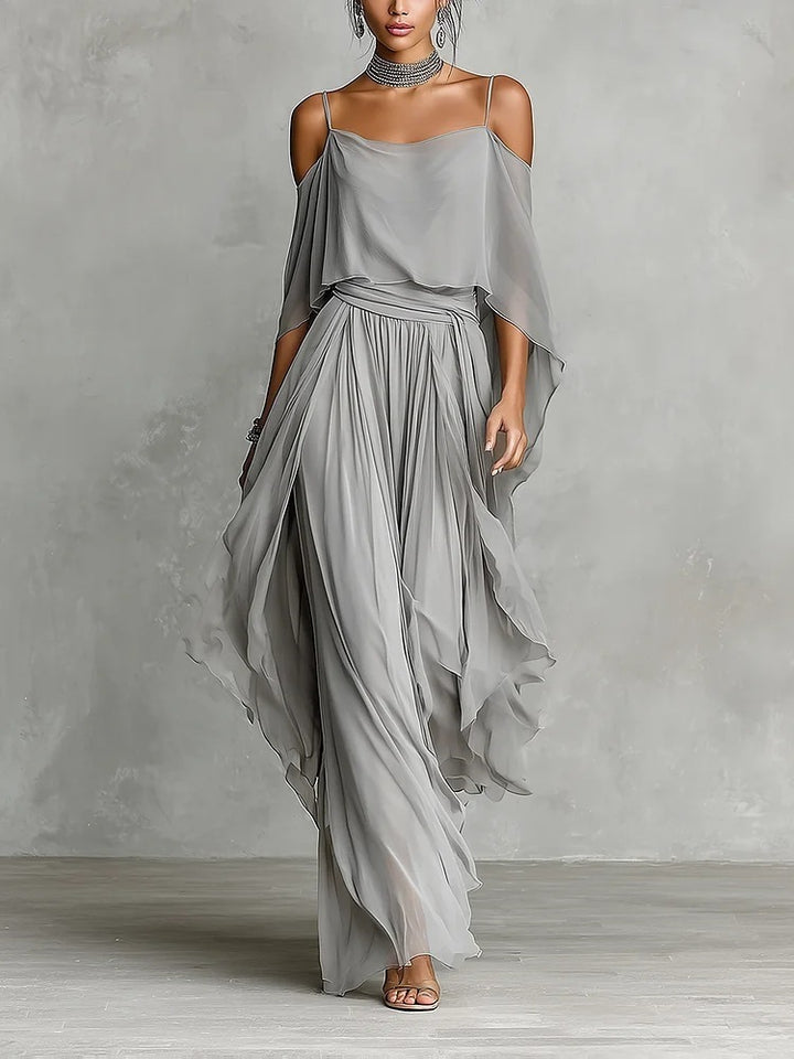 Damen Lange Chiffon Maxi Kleid mit Kaltem Schulter, Spaghetti-Träger und Geschichtetem Cape – Valéora