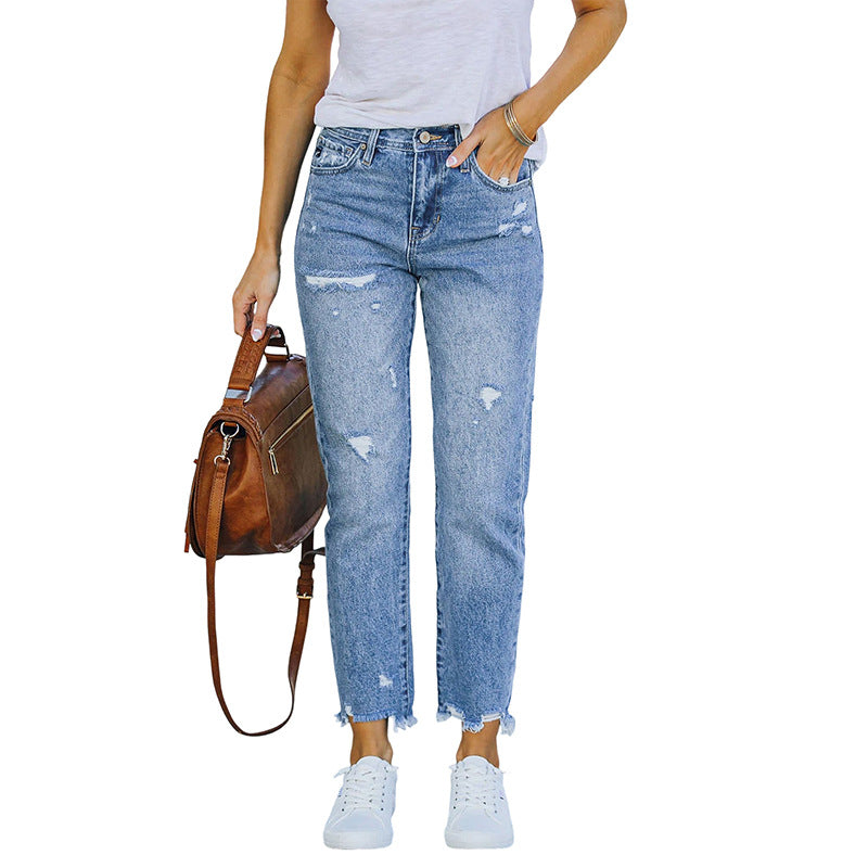 Damen High-Waist Jeans mit geradem Bein, Destroyed-Optik und rohem Saum Echo Archiv