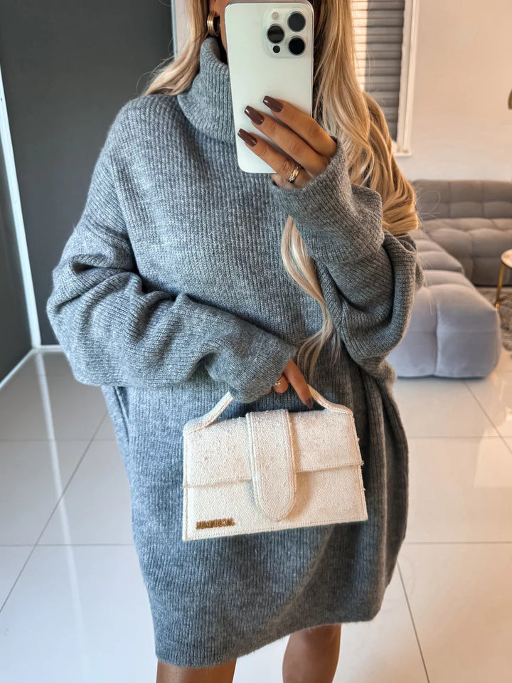 Damen Lässiges Oversized Strick-Minikleid mit hohem Rollkragen und Ballonärmeln – Élara