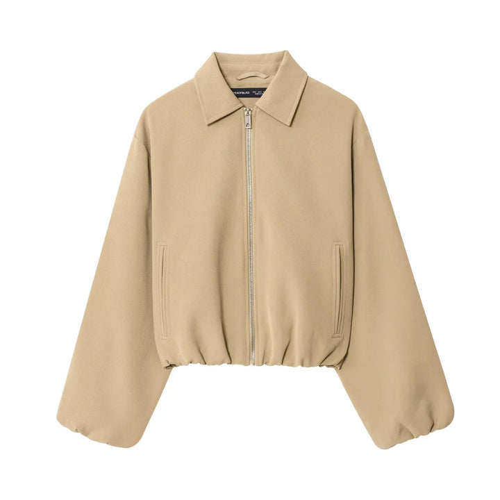 Damen cropped Blousonjacke mit Hemdkragen, verdecktem Metallreißverschluss und elastischem Saum – Célinea