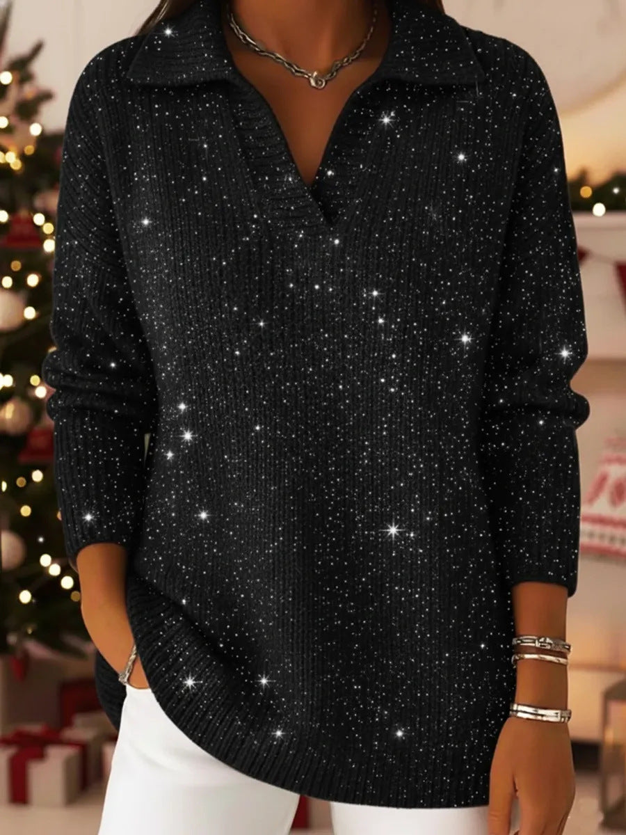 Damen Eleganter V-Pullover mit glänzenden Akzenten – Mavelle