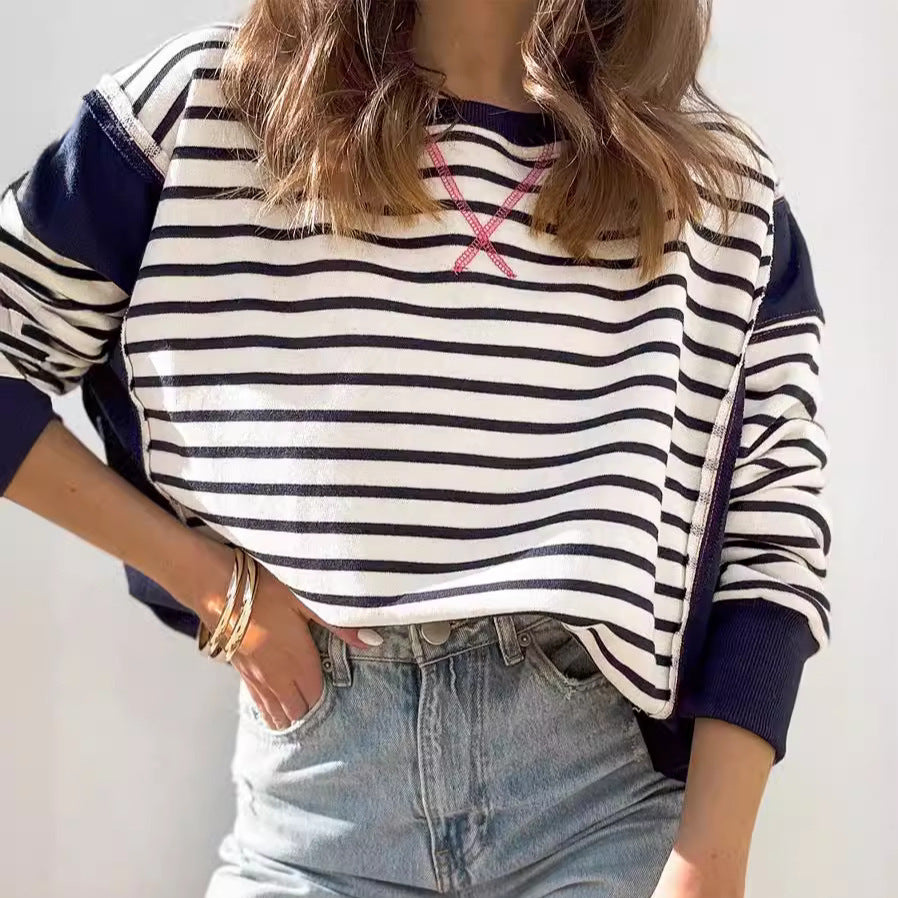 Damen Oversize Streifen-Sweatshirt mit Rundhalsausschnitt und Colorblock-Ärmeln – Avérine