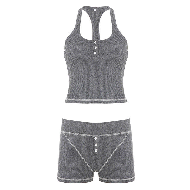 Damen Sportliches Top und Shorts-Set mit Knopfdetails Echo Archiv