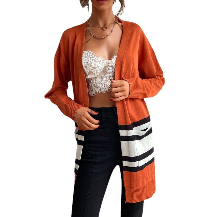 Damen Midilanger offener Feinstrick-Cardigan mit Colorblock-Streifen und aufgesetzten Taschen Echoarchiv