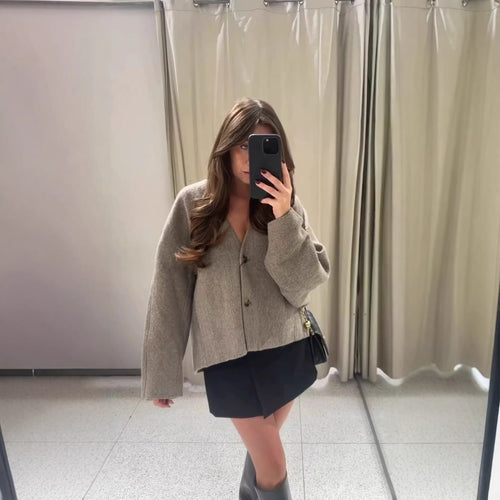 Damen Boxy Kurzjacke aus Wollmix mit V‑Ausschnitt und Zwei‑Knopf‑Verschluss Echo Archiv