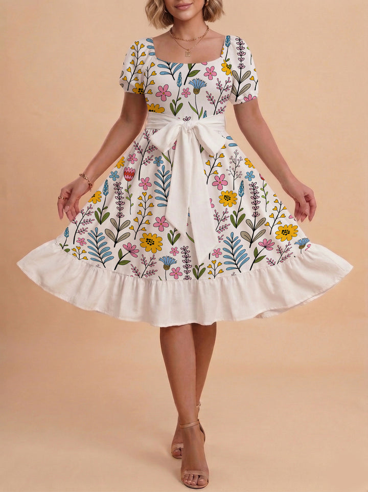 Damen Sommerkleid mit floralem Puffärmel und taillierbarem Gürtel Echo Archiv