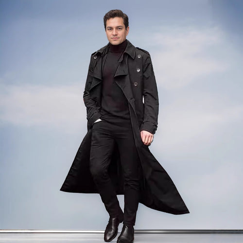 Herren Wasserabweisender Long-Trenchcoat mit doppelter Knopfleiste, Schulterklappen und verstellbarem Taillengürtel Echoarchiv