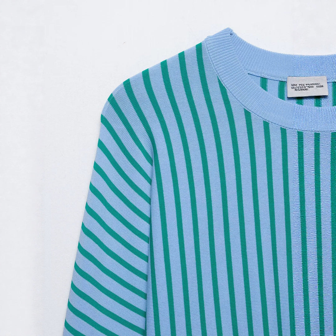 Damen Leichter Rundhals-Feinstrickpullover mit schmalen Längs- und Diagonalstreifen Echo Archiv