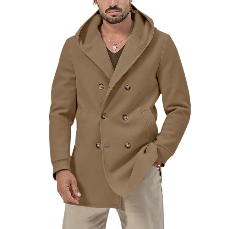 Herren eleganter Doppeltknopf-Mantel mit Kapuze und praktischen Taschen Echoarchiv