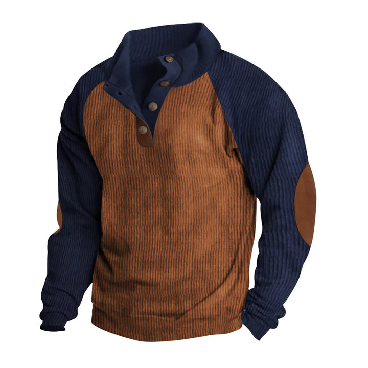 Herren nan Cordoptik-Halbknopf-Pullover mit Stehkragen, Raglanärmeln und Ellenbogenpatches Echo Archiv