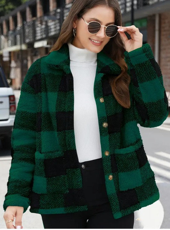 Damen nan gefütterte Karo Teddy-Fleece Shacket mit Knopfleiste und aufgesetzten Taschen Echo Archiv