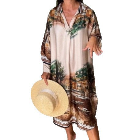 Damen nan Seidenoptik-Hemdkleid im Kaftanstil mit illustrativem Küstenprint Echo Archiv
