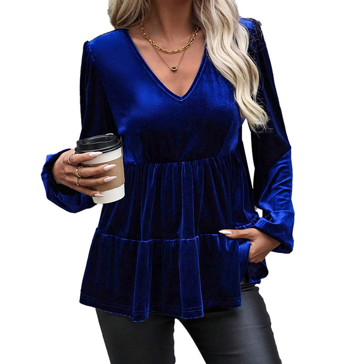 Damen samtiges Volant‑Peplum‑Top mit V‑Ausschnitt, geraffter Taille und langen Ballonärmeln – Avérine