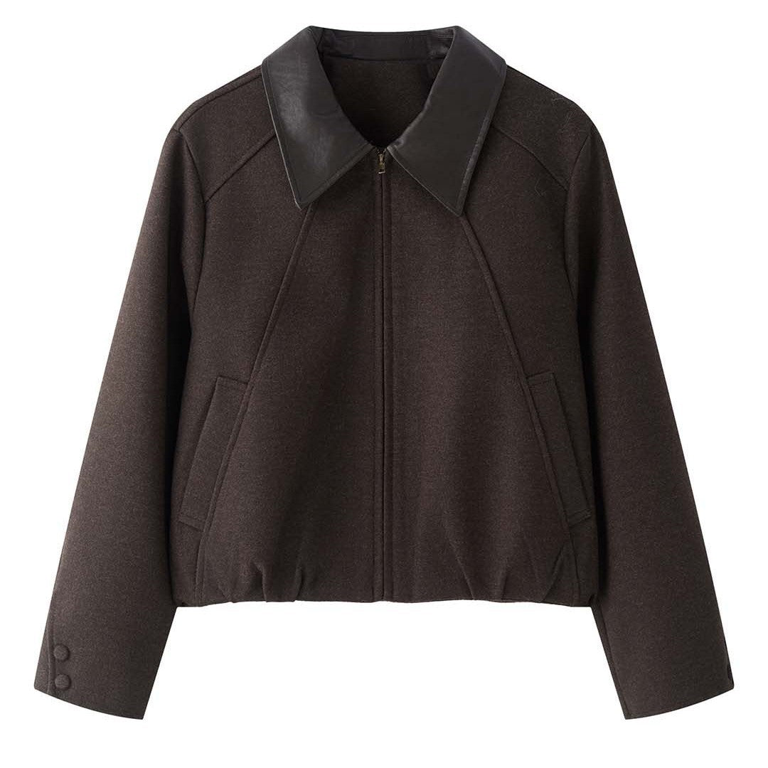 Damen Kurze Boxy‑Wolljacke mit kontrastierendem Lederkragen Echoarchiv