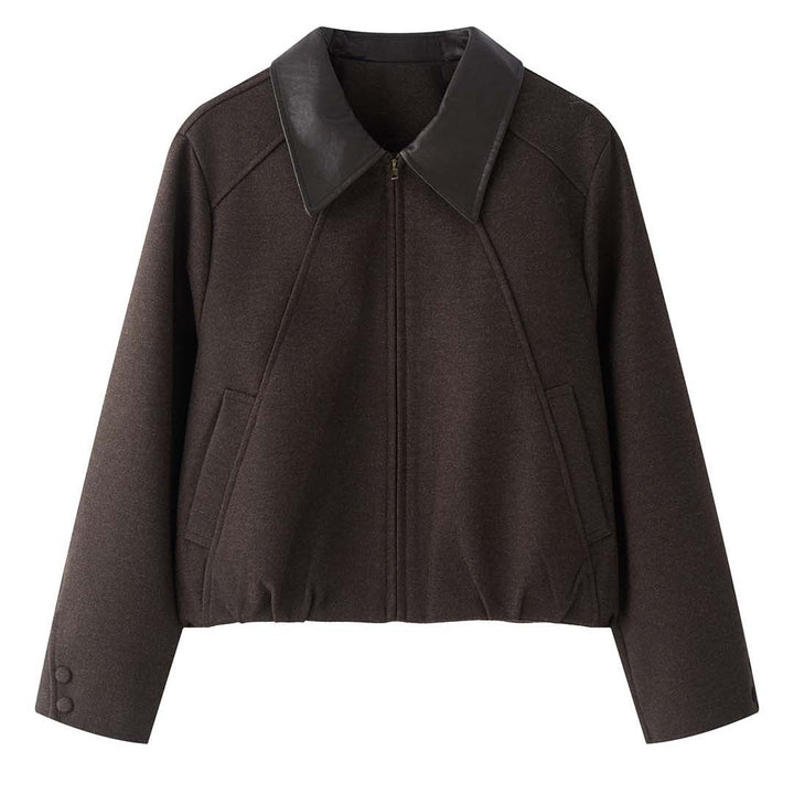 Damen Kurze Boxy‑Wolljacke mit kontrastierendem Lederkragen Echoarchiv