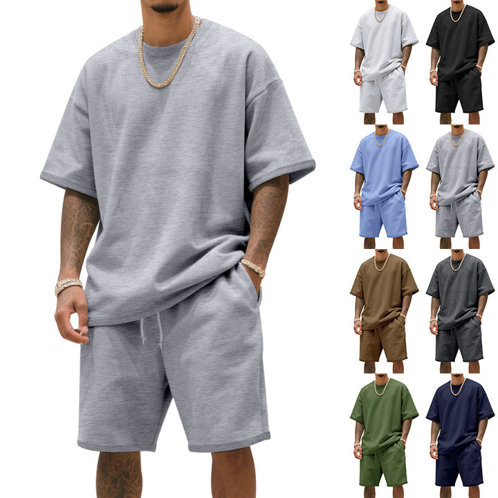 Herren nan entspannter Jersey-Set mit verlängertem Rundhals-T-Shirt und elastischen Kordelzug-Shorts Echo Archiv