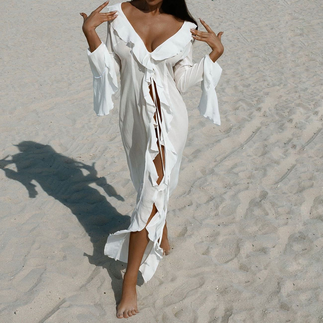 Damen elegantes Strandkleid mit Rüschen und tiefem Schlitz Echo Archiv