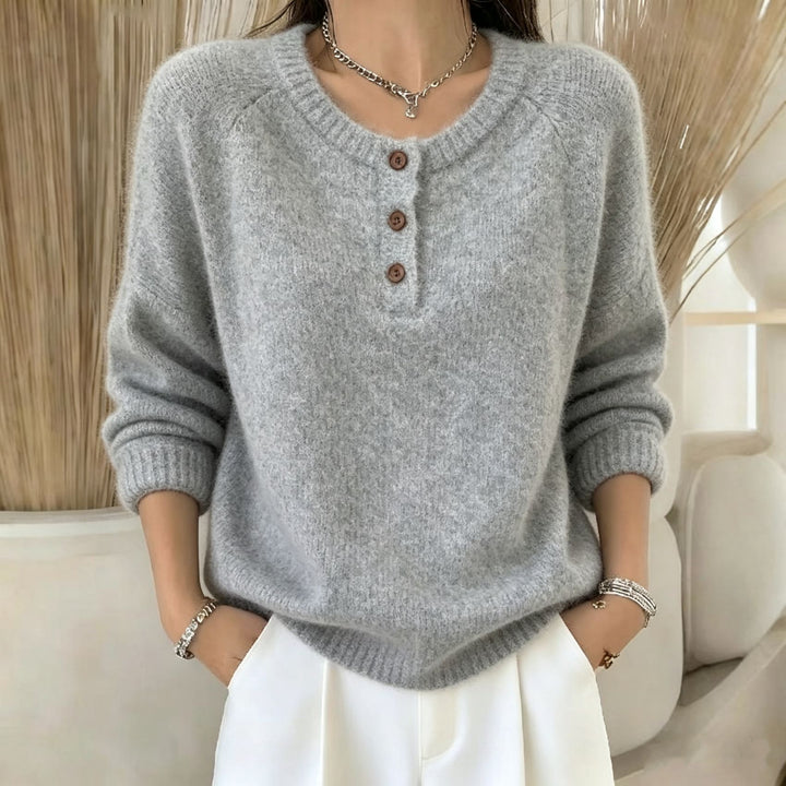 Damen Kuscheliger Rundhals-Henley-Pullover mit Knopfleiste und Raglanärmeln – Mavelle