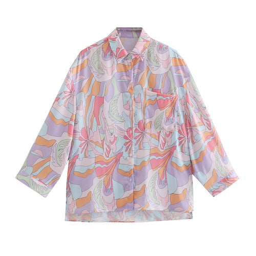 Damen Oversize-Hemdbluse mit abstraktem Allover-Print, leichtes Chiffon-Top, langärmelig Echo Archiv