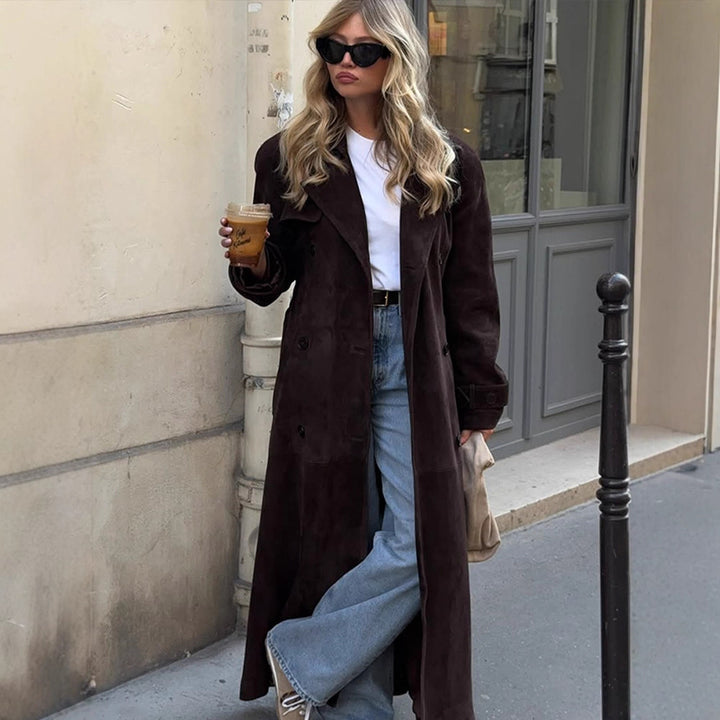 Damen Langer Velours-Trenchcoat mit Bindegürtel und Reverskragen Echoarchiv