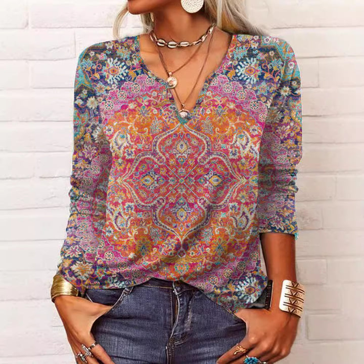 Damen Boho-Print V-Ausschnitt Tunika-Shirt – Avérine