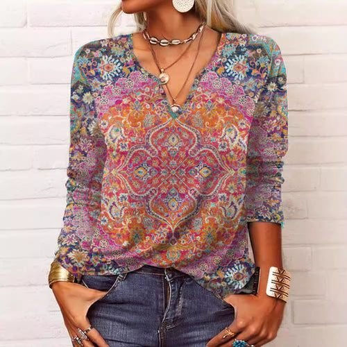 Damen Boho-Print V-Ausschnitt Tunika-Shirt – Avérine