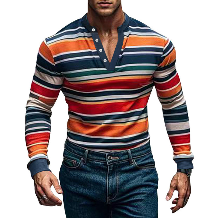 Herren Langarm-Henley-Shirt mit strukturiertem Streifenmuster und bequemen Kragen Echoarchiv