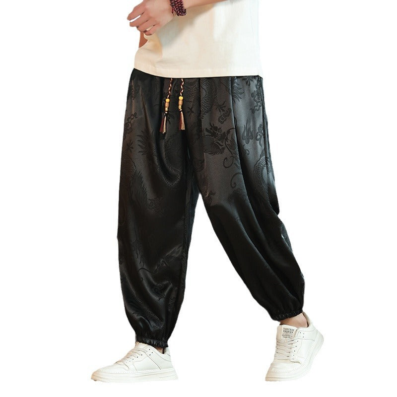 Herren nan weite Jacquard-Satin-Haremshose mit Tunnelzug, elastischen Bündchen und traditionellem Drachenmotiv Echo Archiv
