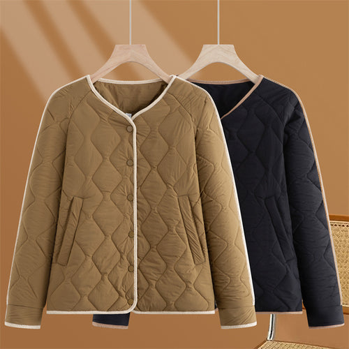 Damen gesteppte Übergangsjacke mit Rautenstepp, Rundhals und Druckknopfleiste – Célinea