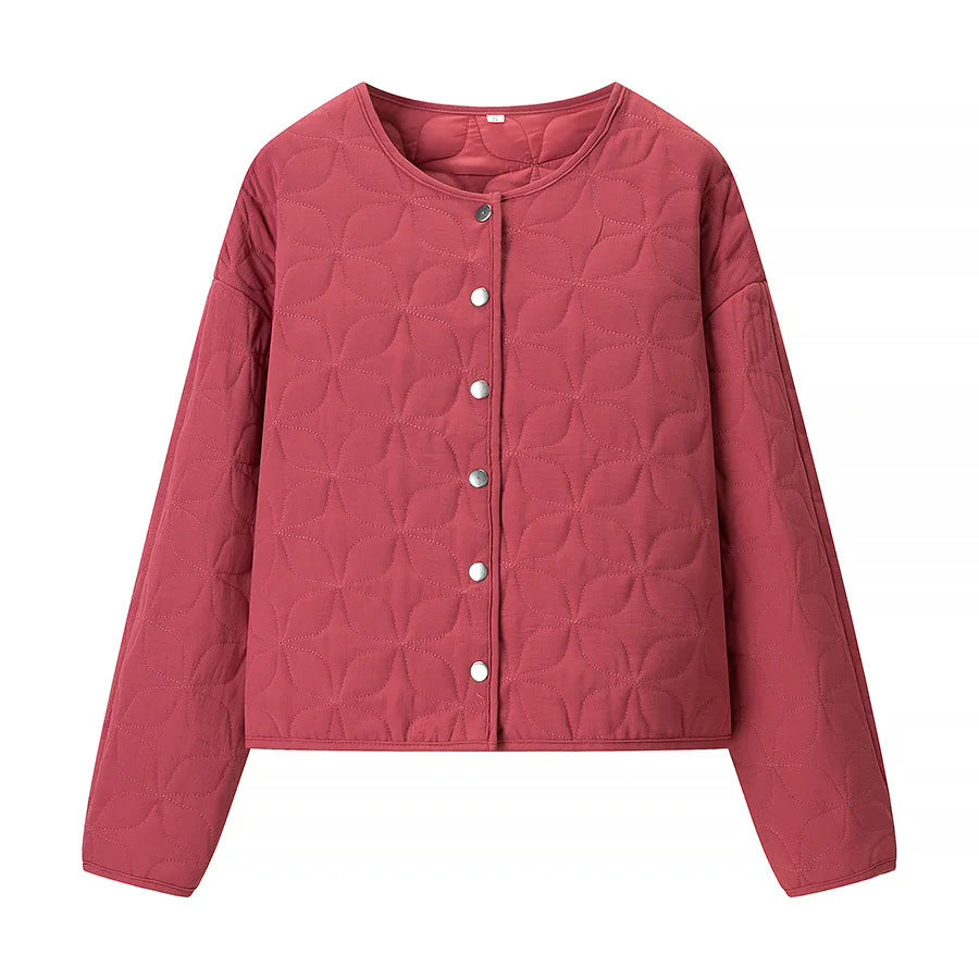 Damen gesteppte Boxy-Übergangsjacke mit floraler Steppstruktur, leicht wattiertem Innenfutter und Druckknopfleiste – Célinea