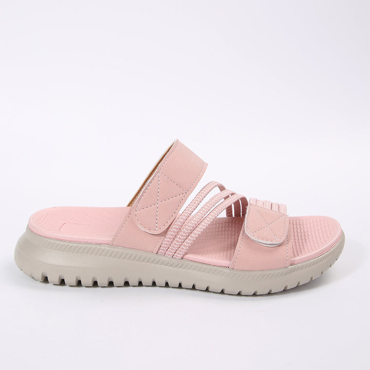 Damen Komfort-Pantolette mit verstellbaren Klettriemen, elastischen Zierbändern und stoßdämpfender Profilsohle Echo Archiv