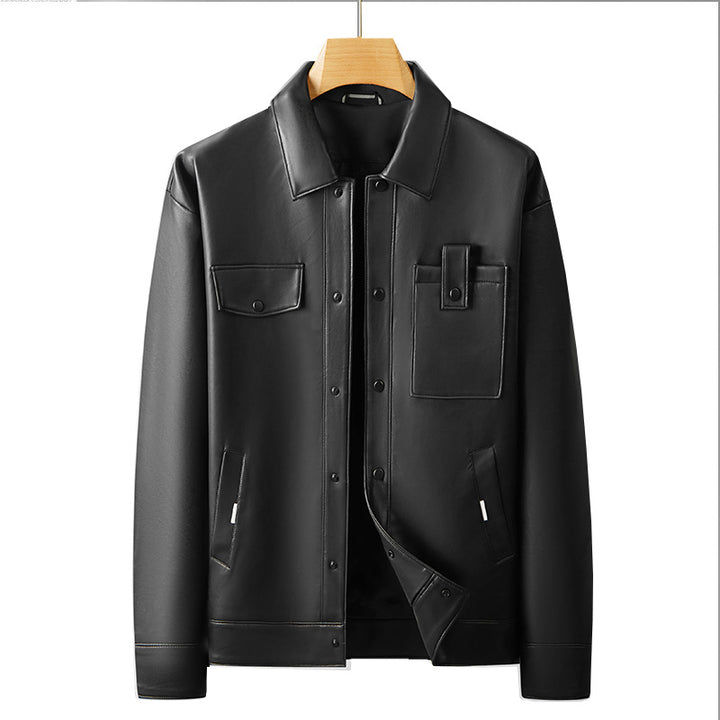 Herren Minimalistische Lederimitat-Utility-Jacke mit Druckknopf-Verschluss und Mehrfachtaschen Echo Archiv