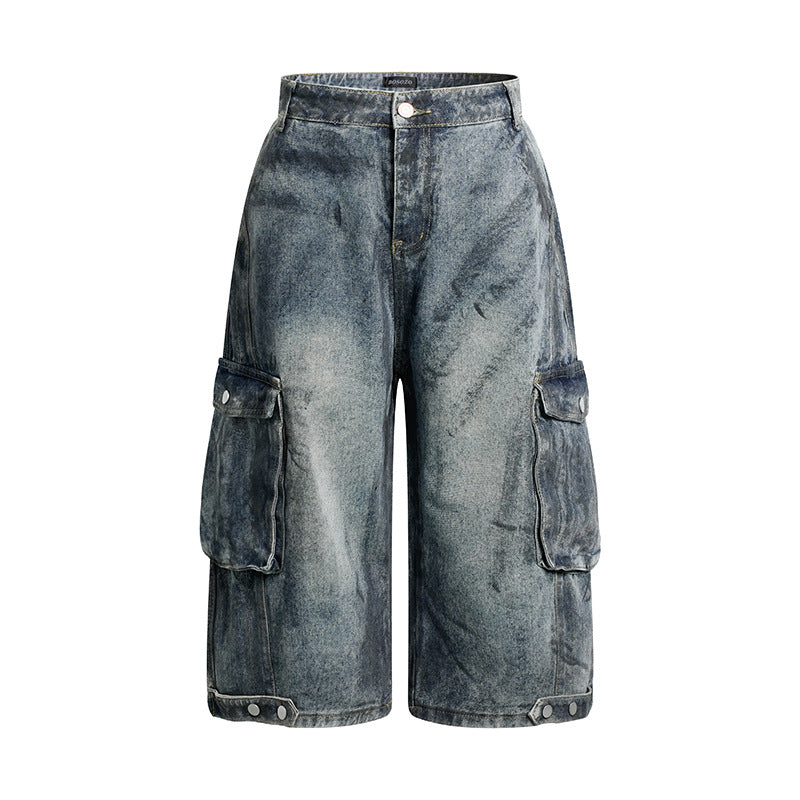 Damen High-Waist Denim-Cargo-Culotte mit weiten Beinen und aufgesetzten Taschen Echoarchiv