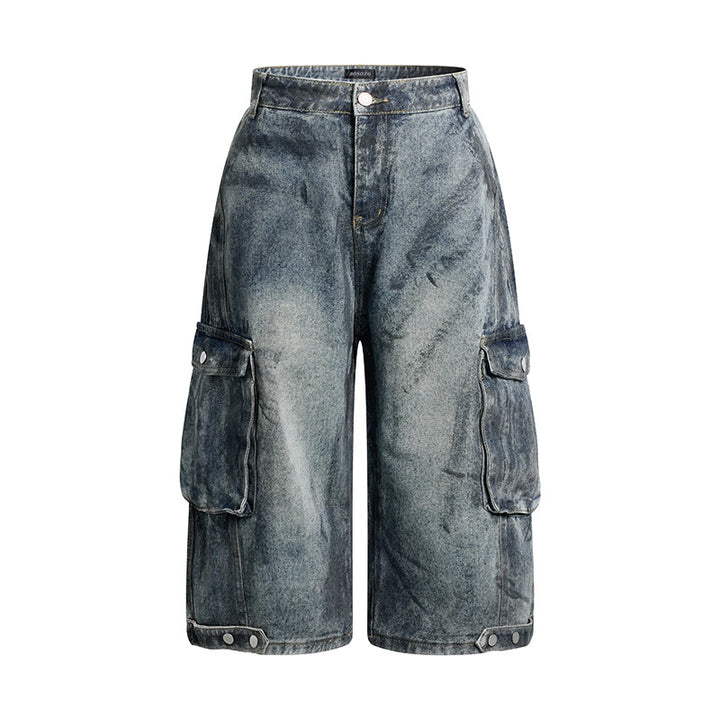 Damen High-Waist Denim-Cargo-Culotte mit weiten Beinen und aufgesetzten Taschen Echoarchiv